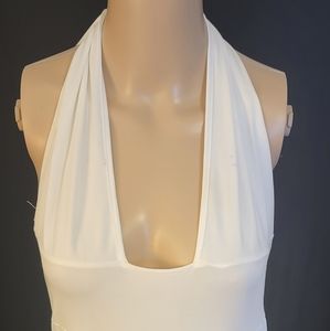 White halter style dress with sheer skirt